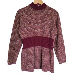 Vintage Maroon Cinched Waist Mockneck Sweater Lady Jacqueline Medium